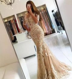 Champagne Tulle Mermaid Evening Dresses Sexy Backless Long Prom Party Gowns Half Sleeves Ivory Lace Applique Robe Longue Femme Soi6237670