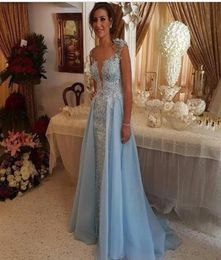 Over Skirt Evening Dresses Light Sky Blue Lace Appliques Pearls Sheer Deep V Neck l with Detachable Train Prom Party Gowns2660388