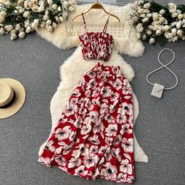 Holiday Floral Print Two Pieces Suits Zipper Design Slim Tank Top A Line Long Skirt Vintage Bohemian Beach Sets 240320