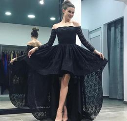 Simple Sexy Black HiLo Prom Dresses Off shoulder Long Sleeves Evening Dress Lace Front Short Back Long Formal Party Gown Custom M1332454