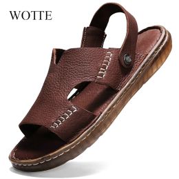 Sandals Large Size 46 Men Sandals Comfort Genuine Leather Sandals Summer Quality Beach Slippers Casual Footwear Outdoor Beach Shoes