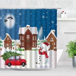 Shower Curtains Christmas Theme Set Snowman Red Truck Trees Cartoon Children Home Decor Waterproof Fabric Bathroom Screen Hooks