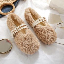 Casual Shoes Wool Fur Winter Woman Slip On Loafer Double Rivets Belt Furry Moccasins Female Curly Flats Lambwool Big Size 43