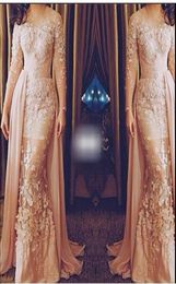 Long Sleeves Prom Dresses 2019 African Mermaid Blush Lace Appliques Scoop Evening Party Gowns With Detachable Train Custom Made3389550