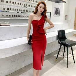 Casual Dresses High-end Women One-Shoulder Ruffle Elegant Brand Dress Summer Sexy Party Bodycon Office Sheath Midi Vintage Chic