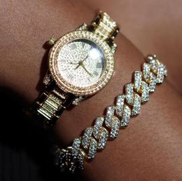 Wristwatches Iced Out Women Watches Bracelet Gold Ladies Wrist Luxury Rhinestone Cuban Link Chain Watch Bling JewelryWristwatches 3187538