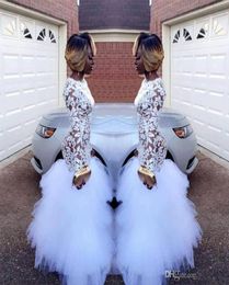 2018 African White Mermaid Lace Prom Dresses for Black Girls Long Sleeves Ruffles Tulle Floor Length Plus Size Evening Prom Gowns 8422046