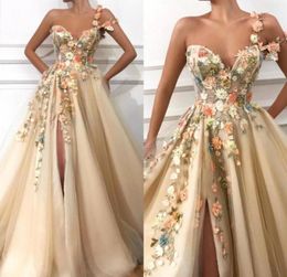 2022 Sexy Split Flowers One Shoulder A line Tulle Prom Dresses Backless Evening Gowns BC06849642190