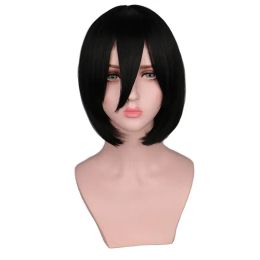 Wigs QQXCAIW Short Straight Attack on Titan Cosplay Wigs Mikasa Black Heat Resistant Synthetic Hair Wigs