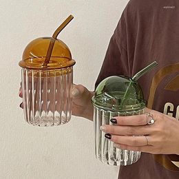 Wine Glasses Simple Striped Glass Straw Cup With Cute Lid Juice Bubble Water Heat-resistant Coffee Colorful Drinking Bottle
