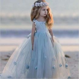 Dresses Square Ball Gown Tulle Hand MADE Flower Cute Sky Light Blue Lace Wedding Dresses Flower Girl Dresses Custom MADE