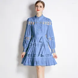 Casual Dresses Autumn Women Fashion Hollow Out Female Elegant Stand Collar Single Breasted Loose Lace-Up Knee Length Beach Dress