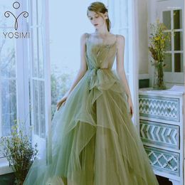 Casual Dresses YOSIMI-Women's Light Green Mesh Full Dress Sleeveless Ball Gown Luxury Long Evening Party Trailing Summer Floor Length