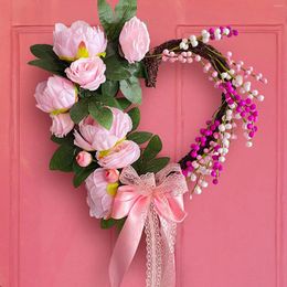 Decorative Flowers Valentine's Day Heart Shaped Artificial Flower Garland Pink Bow Wreath Wedding Scene Decoration Props Household Hanging