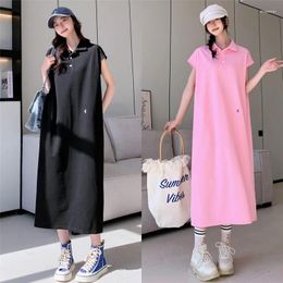 Casual Dresses POLO Collar Embroidered Knee Over T-shirt Dress Women's 2024 Summer Loose Large Lazy Short Sleeve