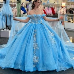 Sky Blue Princess Quinceanera Dresses Off The Shoulder Sweetheart Neck Long Tulle Ball Gown Sweet 16 Dress Corset Open Back Prom Special Occasion Gown For Girls Women