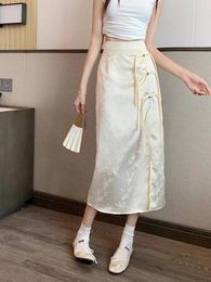 Skirts GUUZYUVIZ Chinese Style Black Buckle Jacquard High Waisted Skirt For Women Summer Elegant Side Split Long Jupe Femme