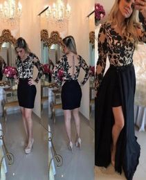 Sexy Black Lace Long Sleeve Prom Dress 2018 Sheer Button Back Detachable Removable Skirt Indian Floral Evening Gowns9451207