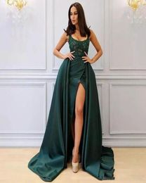 Formal Saudi Arabia Side Split Prom Dress With OverSkirt Sexy Open Square Neck Applique Beaded Lace Prom Dress Mermaid Evening Go6167479