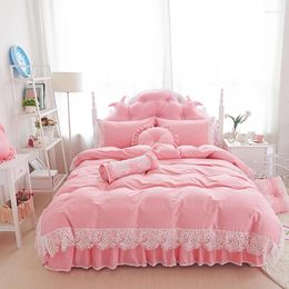 Bedding Sets Pink Lace Princess Duvet Cover Bedspread Bed Skirt Pillowcases Solid Color Cotton Home Textile Set Korean Style