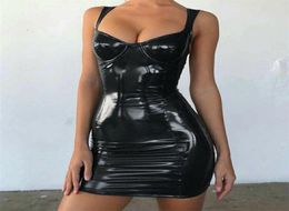 2019 Sexy Backless Club Party Short Dress Solid Black Wet Look Latex Bodycon Faux Leather Push Up Bra Mini Micro Dress Leotard9121398