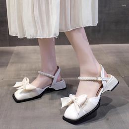 Dress Shoes Baotou Sandals Women's 2024 Summer Bow Pearl Low Slope Heel Fairy Style