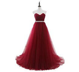 2020 Burgundy Tulle Elegant Long Prom Dresses With Crystals Sash Princess Sweetheart Women Party Evening Gowns Cheap ALine Formal1430589