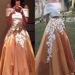 Dresses Charming Satin Offtheshoulder Neckline Twopiece Aline Saudi Arabia Style Prom Dresses Two Stones Applique Lace Evening Dress