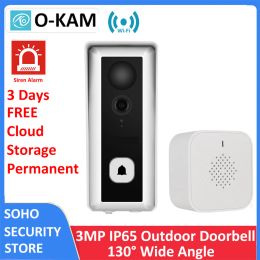 Doorbell 3MP 130° View Angle Wireless WiFi Enabled Video Doorbell IP65 Outdoor Siren Door Bell Free Cloud Camera with Demolition Alarm