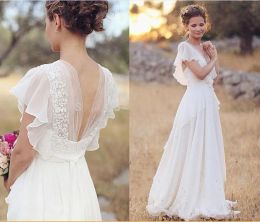 Dresses 2020 Country Bohemia Summer Beach A Line Wedding Dresses Chiffon V Neck Short Sleeves Open Back Wedding Gowns Floor Length Boho Br