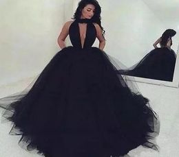 Arabic Sexy Backless Puffy Black Tulle Prom Dresses Long 2018 Ruched V Neck African Formal Party Dress Black Girls Quinceanera Bal5318472