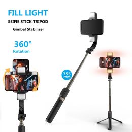 Monopods FANGTUOSI Wireless Bluetooth Selfie Stick Handheld Gimbal Stabilizer Phone tripod with double fill light shutter for Live selfie