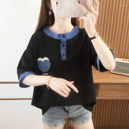 Women's T Shirts Fashion Korean Style Love Embroidery T-shirts Harajuku Summer Waffle Women Shirt Loose Short Sleeve Round Neck Black Y2k