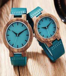 Fashion Women Wooden Quartz Watch With Leather Strap Casual Turquoise Blue Men Wristwatch Lovers S Wristwatches2634346