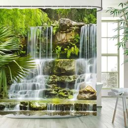 Shower Curtains Garden Waterfall Tropical Plant Spring Nature Landscape Home Wall Hanging Fabric Bathroom Decor Bath Curtain Set