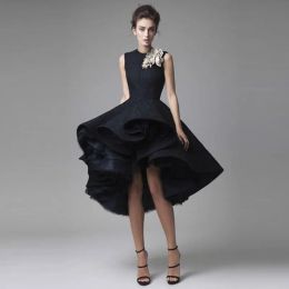 Dresses Arabic High Low Black Evening Dresses Jewel Handmade Flowers Ruffles Lace And Tulle Prom Dress Christmas Formal Cocktail Party Gow