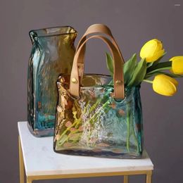 Vases Nordic Luxury Glass Hand Bag Vase Creative Shopping Basket Flower Dried Arrangement Home Decor Ornaments