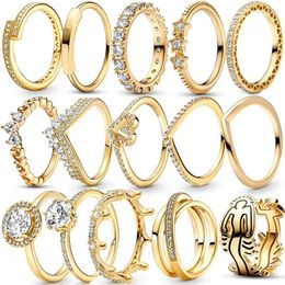 Cluster Rings Gold Plated Ring Zircon Sparkling Princess Wishbone Heart Women Original Fine Jewelry