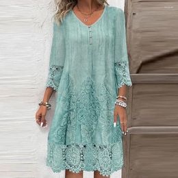 Casual Dresses Spring Fashion V-neck Button Loose Midi Dress Women 3/4 Sleeve Solid A-Line Summer Sexy Lace Patchwork Party