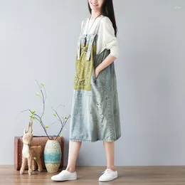 Casual Dresses Women Summer Autumn Denim Holes Vintage Dress Ladies Pathwork Appliques Ripped Demin Female Retro 2024