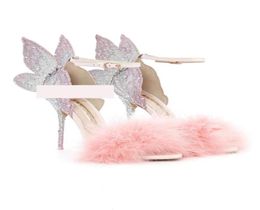 2021 bayanlar gerçek deri sandalet yüksek topuk tüyü gül katı kelebek süslemeleri Sophia Webster düğün parti ayakkabıları renkli Seq4271425