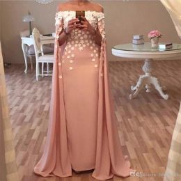 Dresses Dusty Pink Arabic Dubai Evening Dresses Sheer With Cape Off Shoulder Handmade Flower Women Evening Gowns Vestido De Festa Robe De