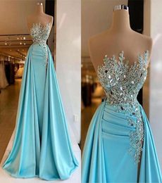2022 illusion sleeveless Evening Dresses Ruched Side Split Lace Beaded Formal Prom Party Gowns Elegant vestido de novia BC13182 B05243835
