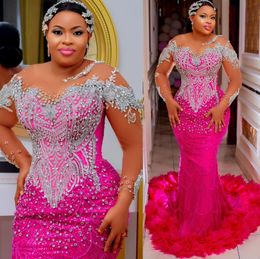 2024 Aso Ebi Fuchsia Mermaid Prom Dress Beaded Crystals Sequined Evening Formal Party Second Reception 50th Birthday Engagement Gowns Dresses Robe De Soiree ZJ316