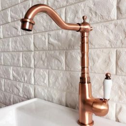 Bathroom Sink Faucets Antique Red Copper Kitchen Faucet Washbasin Ceramic Lever Cold & Water Mixer Taps Deck Mounted Lnf414