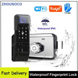 Lock Tuya WiFi Smart Lock Waterproof Double Side Fingerprint Lock Digital Password Card Keyless Electronic Door Lock For Home Hotel