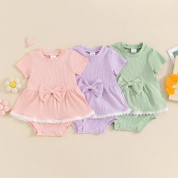 Clothing Sets FOCUSNORM 0-24M Lovely Baby Girls Summer Clothes 2pcs Short Sleeve Lace Trim Hem Bow Dress T-Shirt With Ribbed Shorts