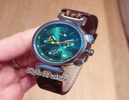 New Q13250 Steel Case Green Dial Japan Quartz Chronograph Womens Watch Brown Leather Strap Lady Ladies Watches Stopwatch Puretime 9341089
