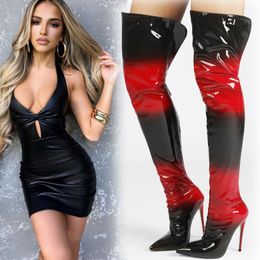 2024 new Ultra high heels over the knee women boots black sexy glossy back zipper ultra-fine oversized elastic women boots big size eu45