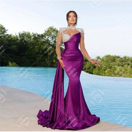 Morden Crystal Evening Dresses For Woman Mermaid Illusion High Neck Light Satin Formal Celebrity Prom Gowns Vestidos De Fiesta 240401
